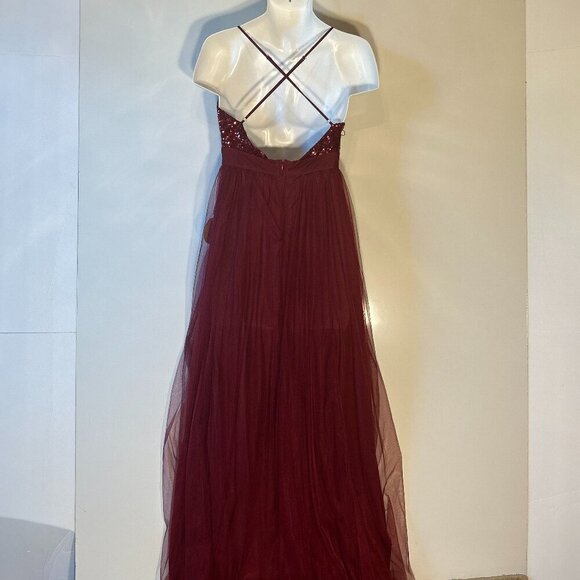 Luxxel SZ L Wine Tulle Sequin Bust Formal Gown Prom Black Tie Bridesmaid Sexy - Picture 6 of 14